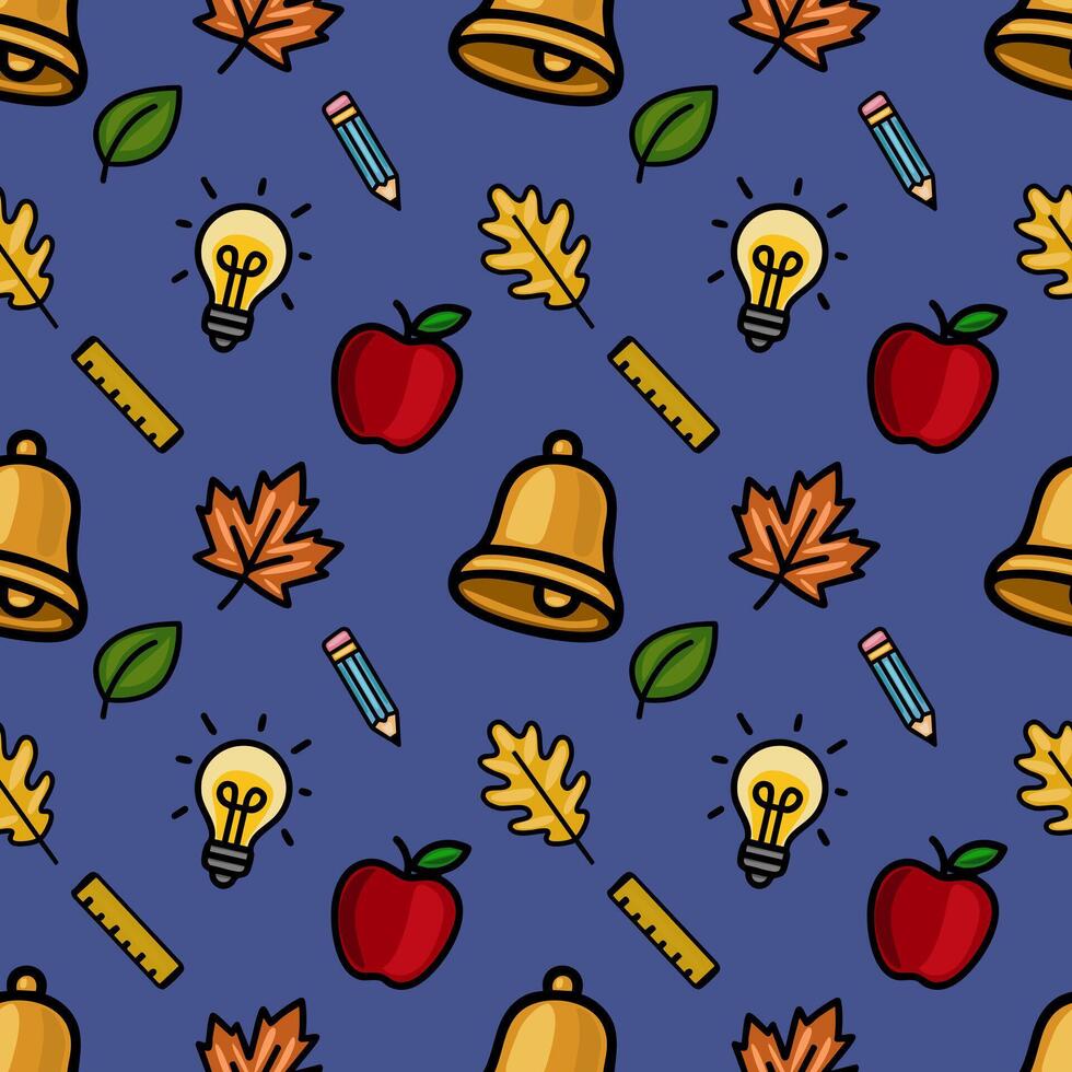 Vibrant seamless pattern featuring school supplies, autumn leaves, and apples on a deep blue background, ideal for educational designs and back-to-school projects. vector