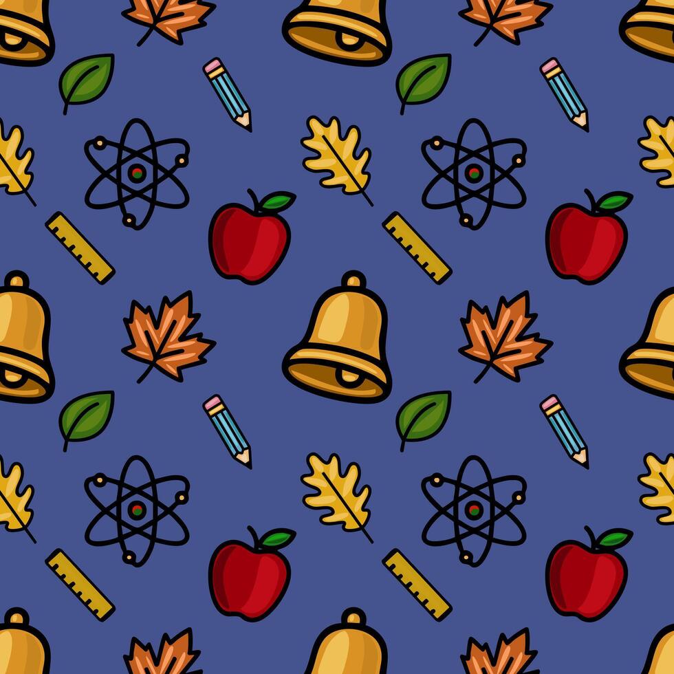 A vibrant seamless pattern featuring a playful mix of school supplies, autumn leaves, and science symbols on a deep blue background, perfect for back-to-school designs. vector