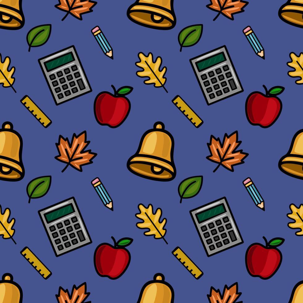 A vibrant seamless pattern featuring a playful mix of school supplies, autumn leaves, and a school bell, creating a cheerful back-to-school design. vector