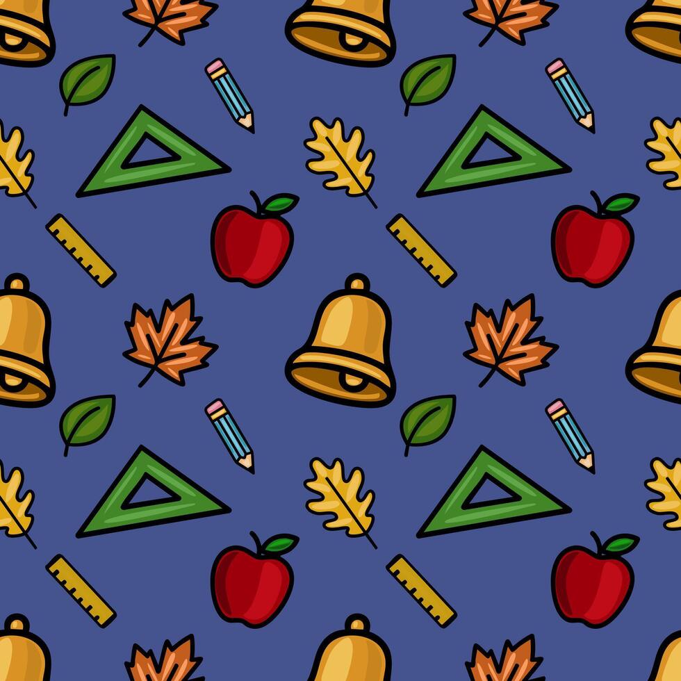 A charming seamless pattern featuring a playful mix of school supplies, autumn leaves, and ripe apples on a deep blue background, perfect for educational projects and fall-themed designs. vector