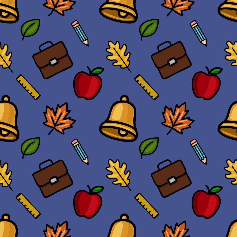A vibrant seamless pattern featuring school supplies, autumn leaves, and a school bell, creating a cheerful back-to-school design perfect for fall-themed projects. vector