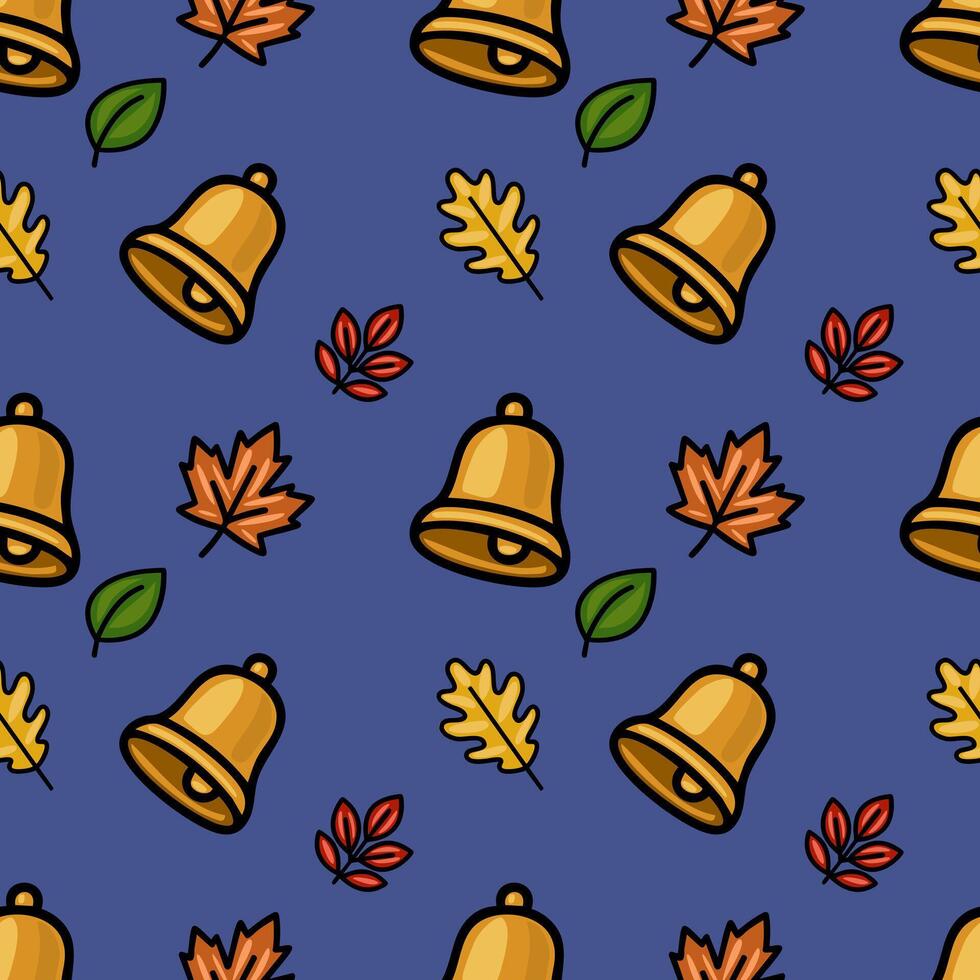 Seamless pattern featuring golden bells and autumn leaves on a deep blue background, ideal for fall-themed designs and back-to-school projects. vector