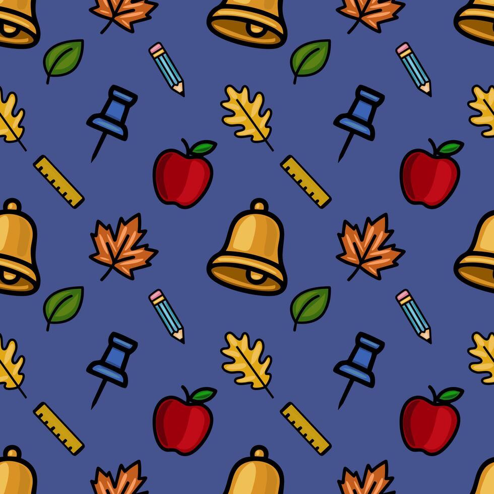 A vibrant seamless pattern featuring a playful mix of school supplies, autumn leaves, and apples on a deep blue background, perfect for back-to-school designs. vector