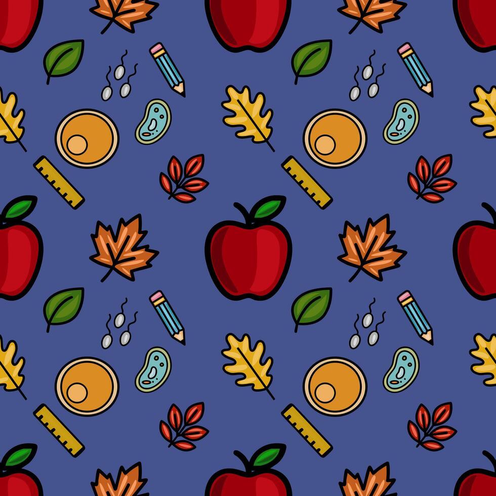 This seamless pattern features a playful mix of autumn leaves, school supplies like pencils and rulers, and scientific illustrations of cells and sperm, all set against a deep blue backgroun... vector