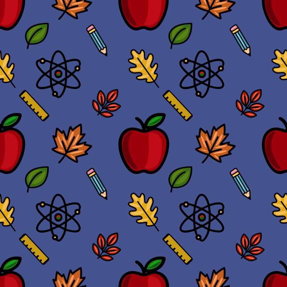 A vibrant seamless pattern featuring red apples, autumn leaves, pencils, rulers, and atom symbols on a deep blue background, ideal for back-to-school designs. vector