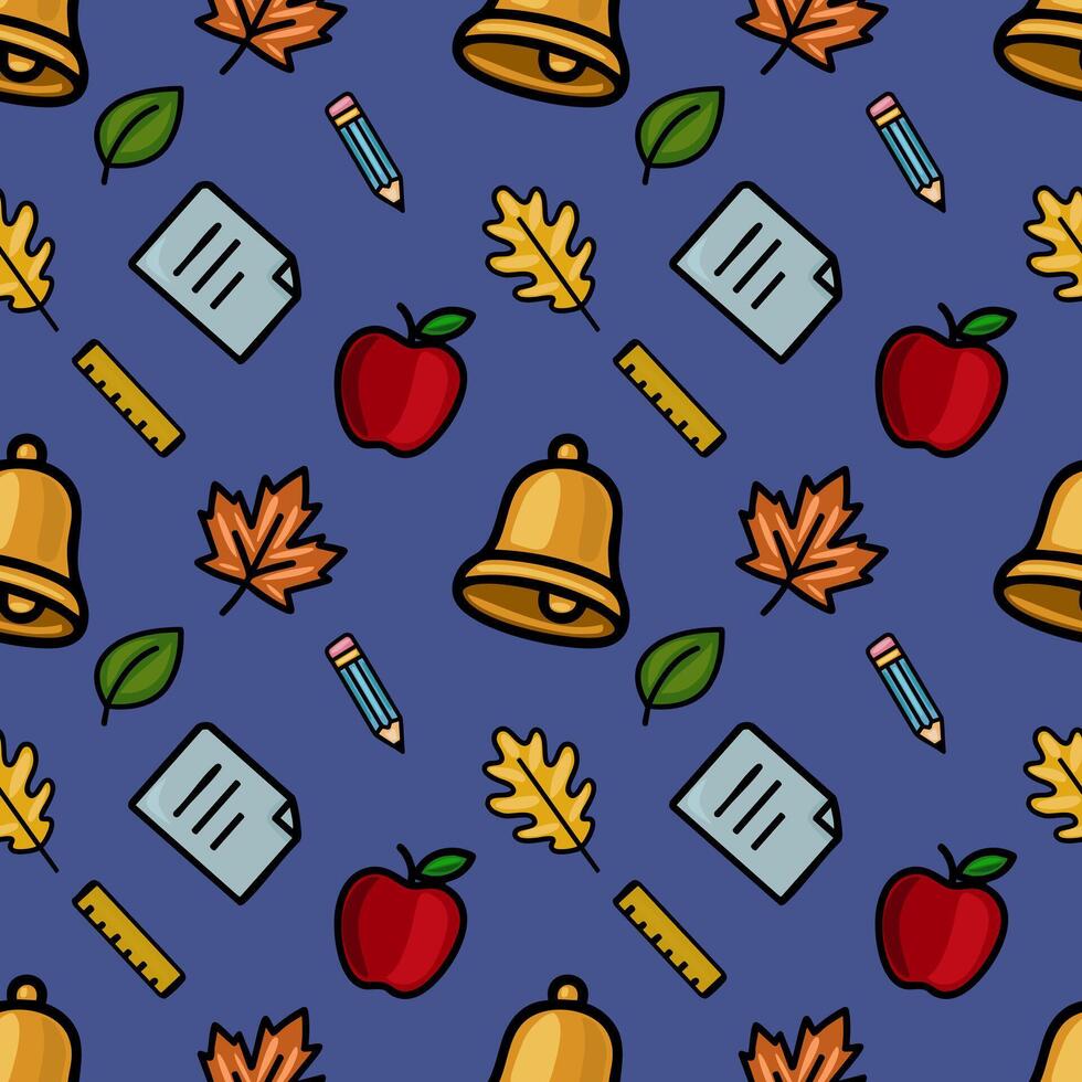 A cheerful seamless pattern featuring school supplies, autumn leaves, and apples on a deep blue background, ideal for back-to-school designs and fall-themed projects. vector