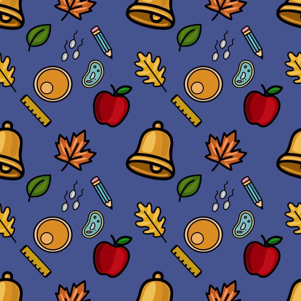 Vibrant seamless pattern featuring school supplies, autumn leaves, and scientific elements on a deep blue background, ideal for educational designs. vector