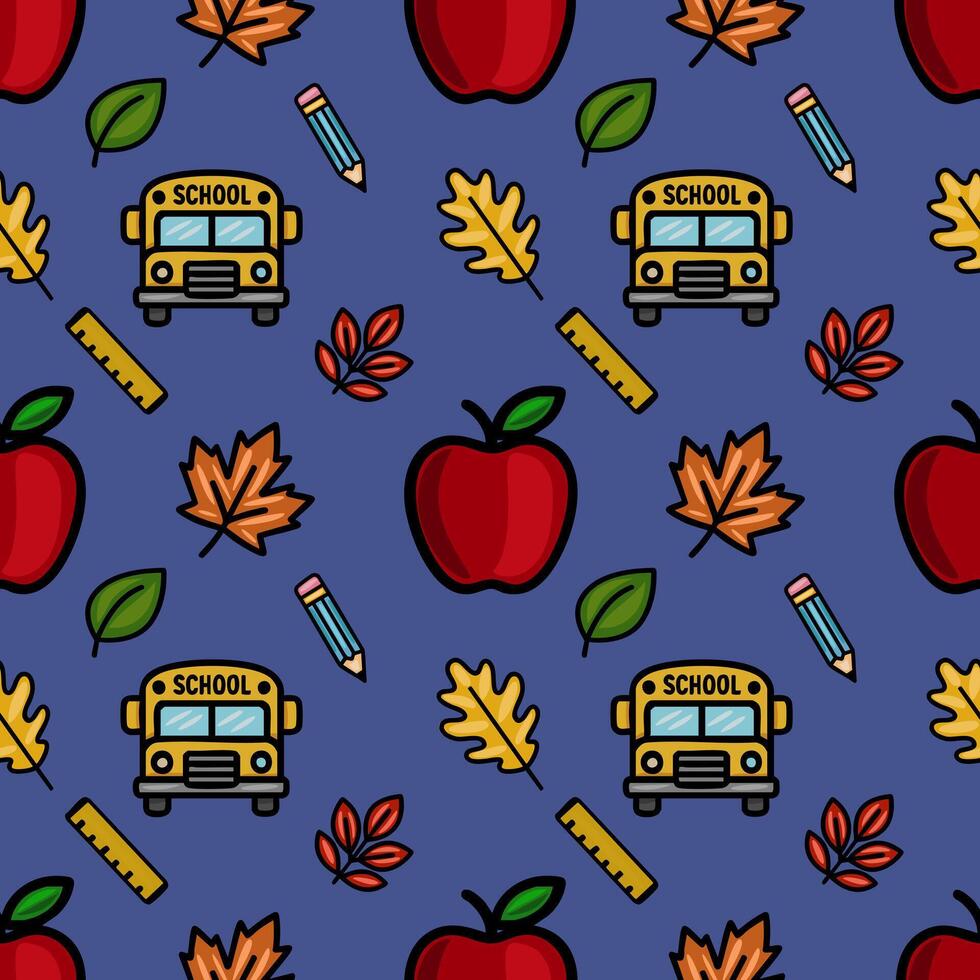 A vibrant seamless pattern featuring a playful back-to-school design with red apples, yellow school buses, autumn leaves, pencils, and rulers on a deep blue background, ideal for educational... vector