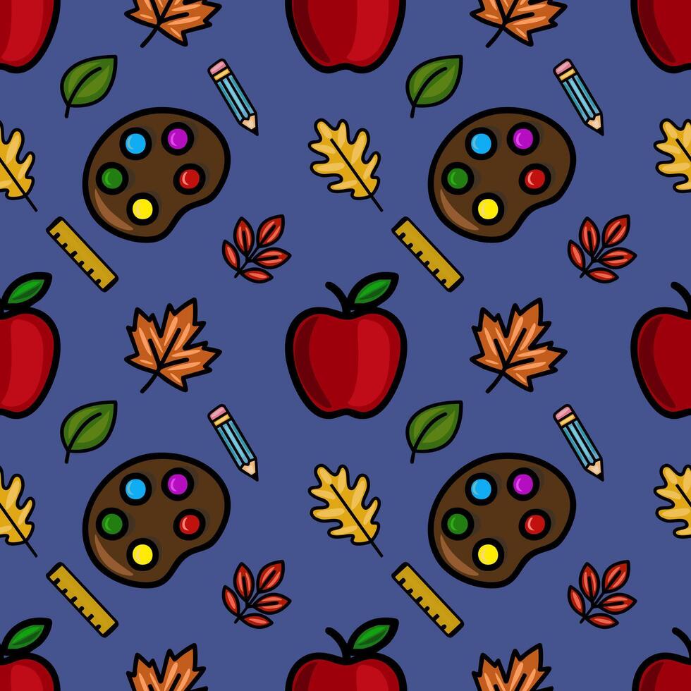 This vibrant seamless pattern features a playful back-to-school design, incorporating red apples, autumn leaves, artist palettes, pencils, and rulers against a rich slate-blue backdrop. vector
