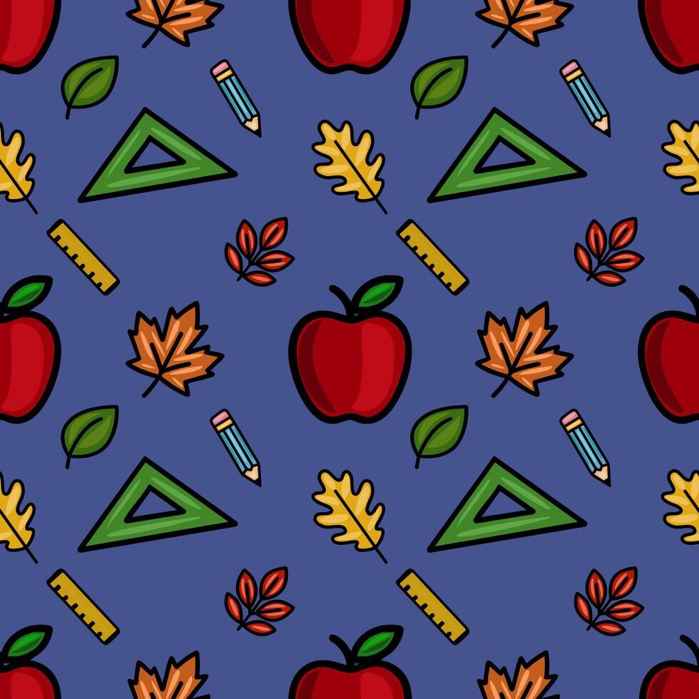 Vibrant seamless pattern featuring red apples, autumn leaves, pencils, rulers, and set squares on a deep blue background, ideal for back-to-school designs. vector