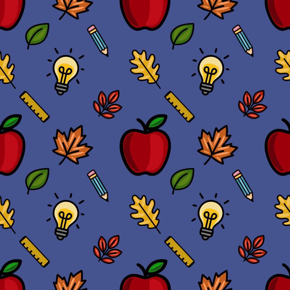 A vibrant seamless pattern featuring red apples, a world globe, pencils, rulers, and autumn leaves on a deep blue background, ideal for back-to-school designs. vector