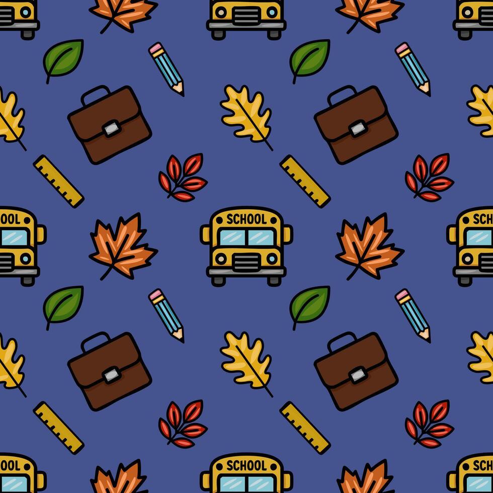 Delightful seamless pattern featuring a playful mix of autumn leaves, school bus, briefcase, pencil, and ruler, perfect for back-to-school designs. vector