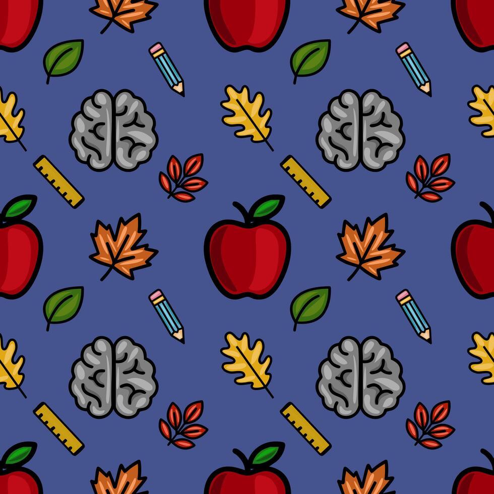 A vibrant seamless pattern featuring apples, brains, pencils, rulers, and autumn leaves on a deep blue background, ideal for educational or autumnal designs. vector