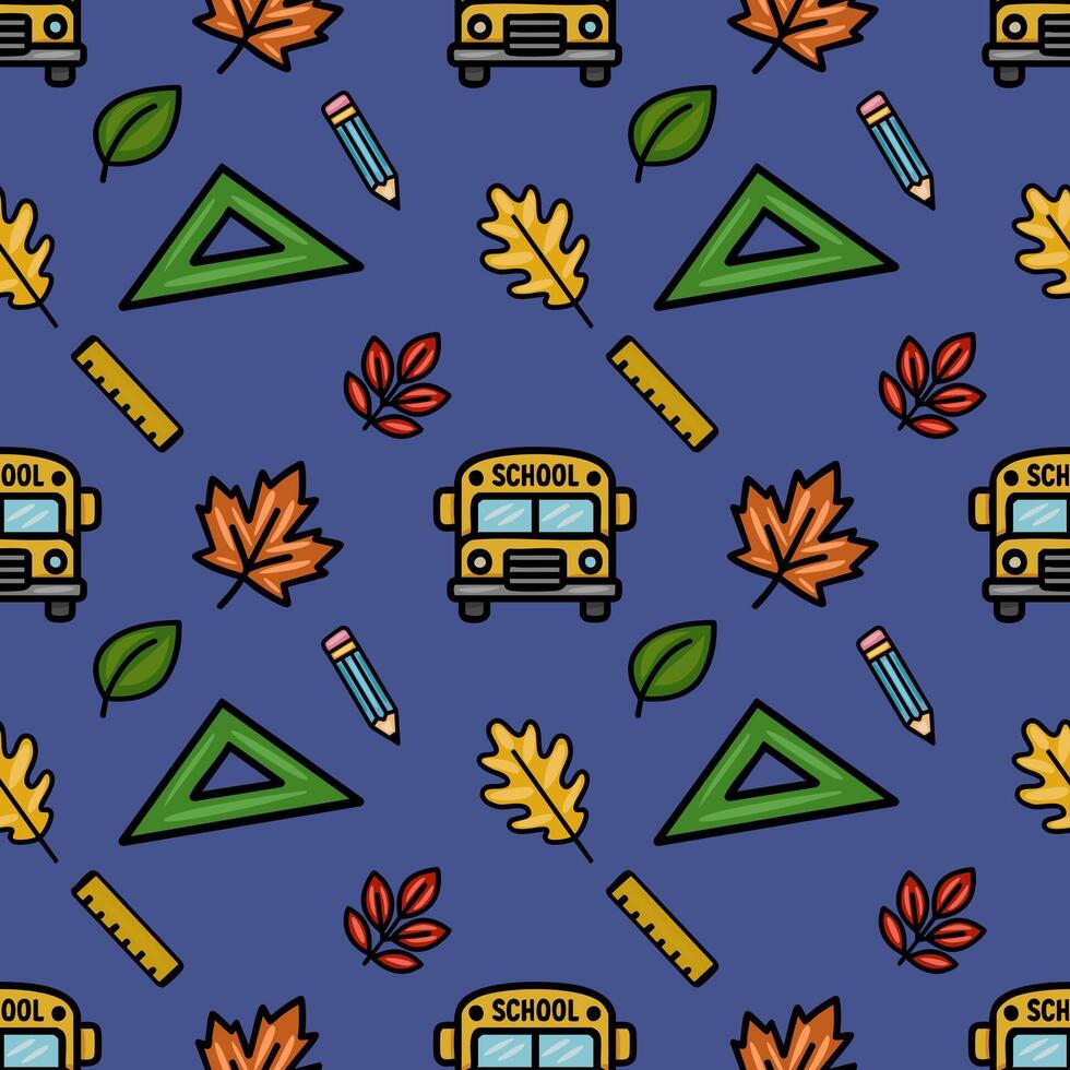 Delightful seamless pattern featuring a playful mix of school supplies, autumn leaves, and a cheerful yellow school bus, perfect for back-to-school designs. vector