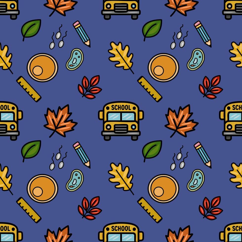 A charming seamless pattern featuring a school bus, autumn leaves, pencils, rulers, and petri dishes on a deep blue background, ideal for educational or back-to-school designs. vector