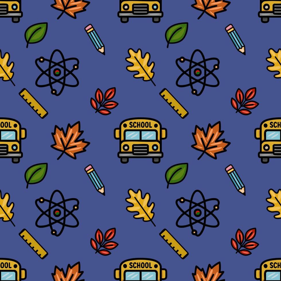 This seamless pattern features a cheerful back-to-school design with autumn leaves, school bus, pencil, ruler, and atom icons on a deep blue background, creating a vibrant and educational vector