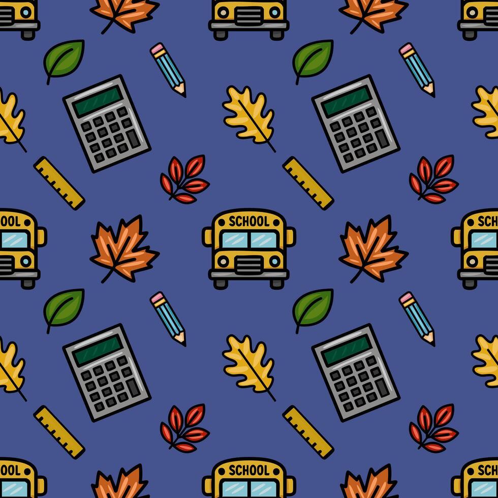 This vibrant seamless pattern features a playful mix of school supplies, including calculators, pencils, rulers, and autumn leaves, all set against a rich indigo backdrop, creating a cheerfull vector