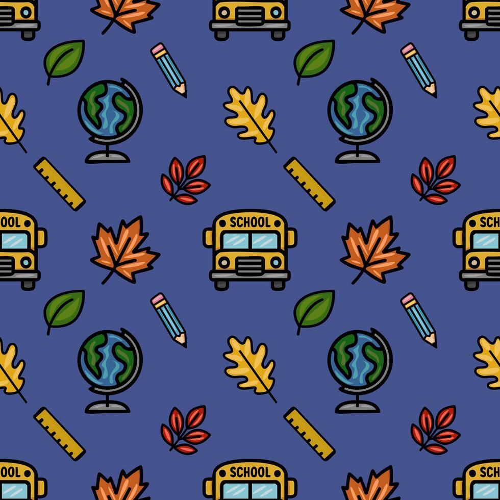 Delightful seamless pattern featuring a school bus, globe, pencils, rulers, and autumn leaves on a deep purple background, ideal for back-to-school designs. vector
