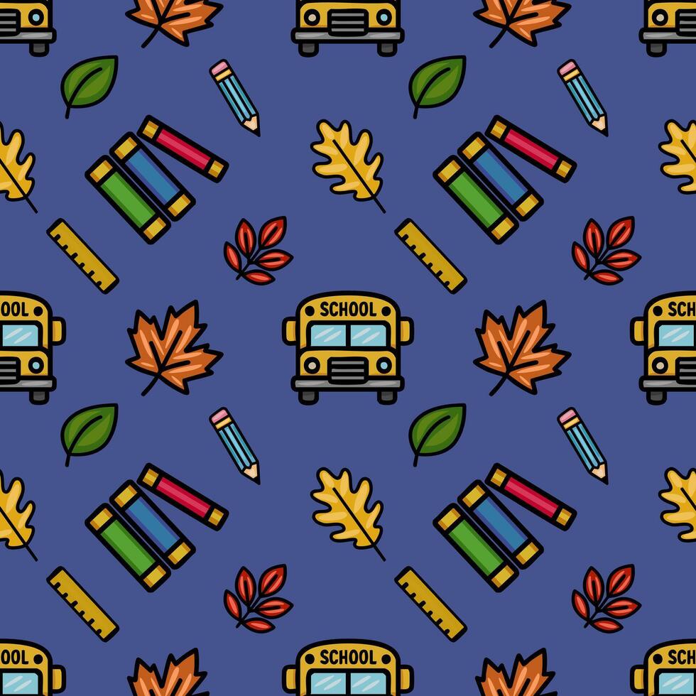 Vibrant seamless pattern featuring a playful back-to-school design with yellow school buses, colorful pencils, stacks of books, and autumn leaves on a deep blue background, ideal for children vector