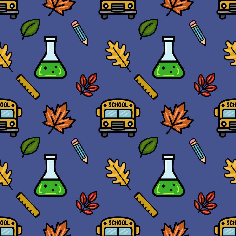 Delightful seamless pattern featuring a playful mix of school supplies, autumn leaves, and a cheerful school bus, perfect for back-to-school designs. vector