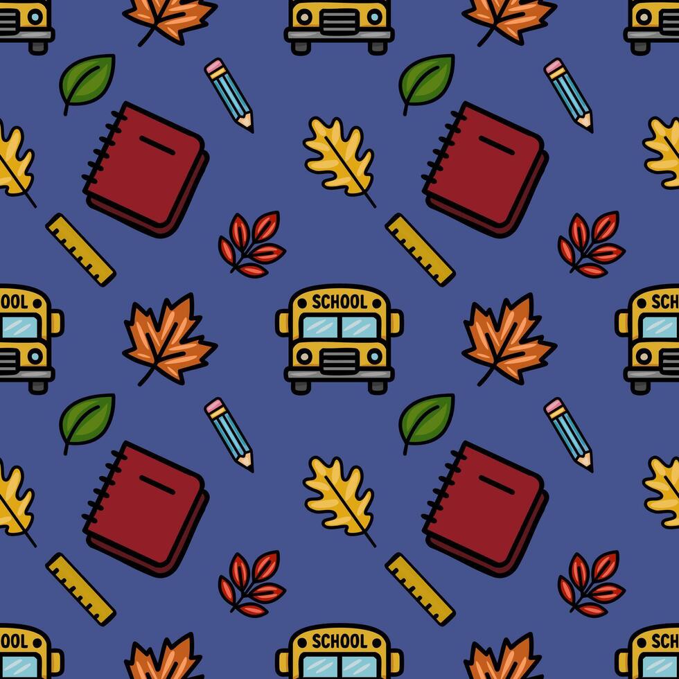 A charming seamless pattern featuring a whimsical back-to-school theme, incorporating school bus icons, autumn leaves, notebooks, pencils, and rulers, all rendered in a vibrant, flat-style vector