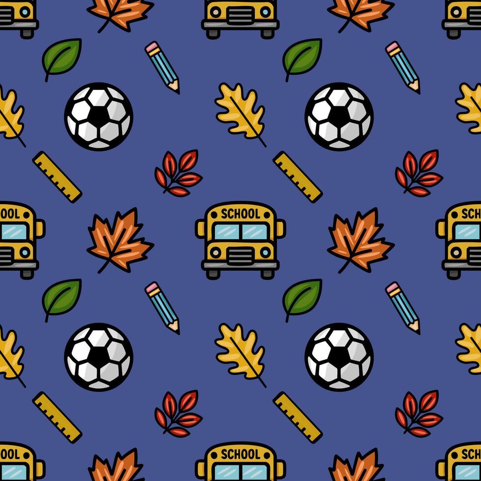 This vibrant seamless pattern features a playful mix of school-themed icons and autumn leaves, creating a cheerful back-to-school design perfect for various applications. vector