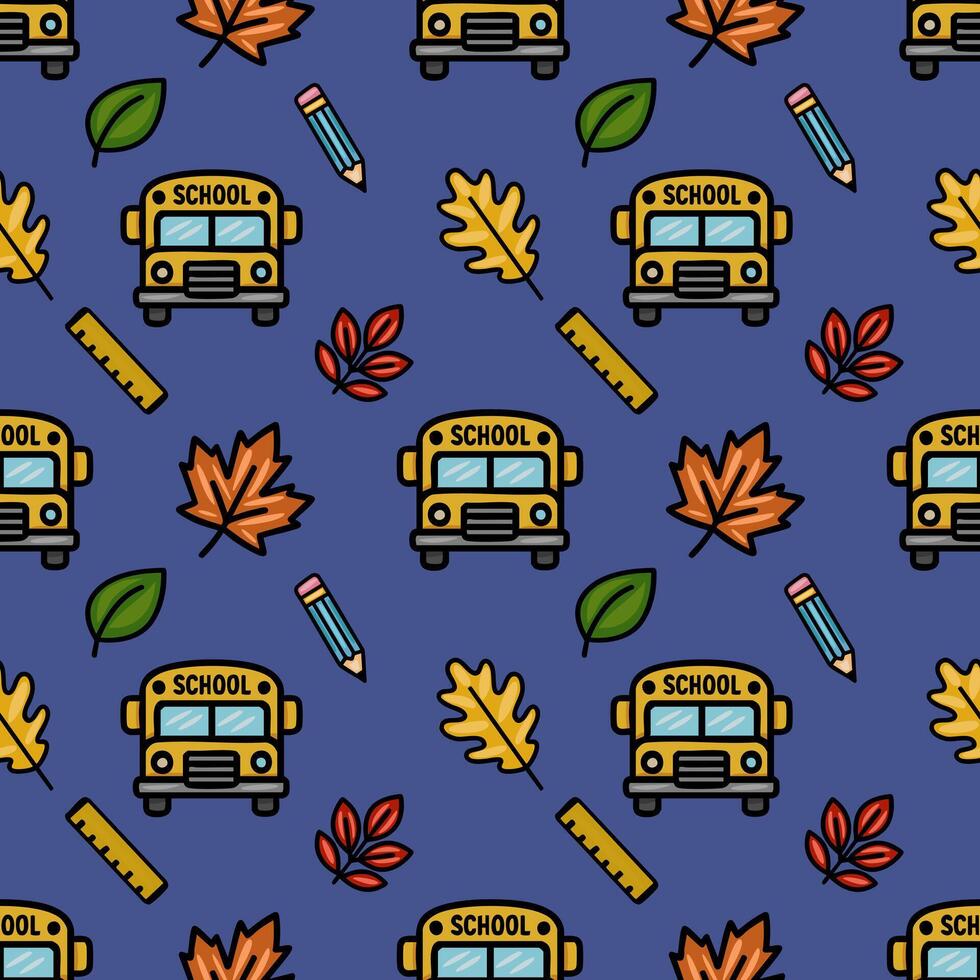 seamless pattern featuring a cheerful back-to-school design with yellow school buses, autumn leaves in warm tones, pencils, and rulers on a deep blue background. vector