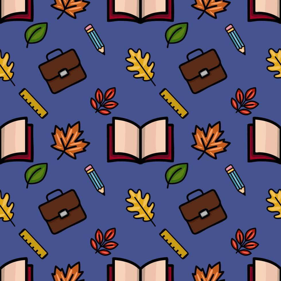 A charming seamless pattern featuring a playful mix of autumn leaves, school supplies, and books, creating a vibrant back-to-school design perfect for fall-themed projects. vector