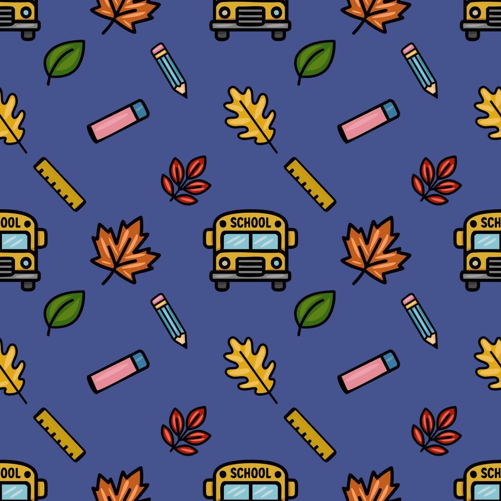 A cheerful seamless pattern featuring a school bus, autumn leaves, pencils, and rulers on a deep blue background, ideal for back-to-school designs and fall-themed projects. vector