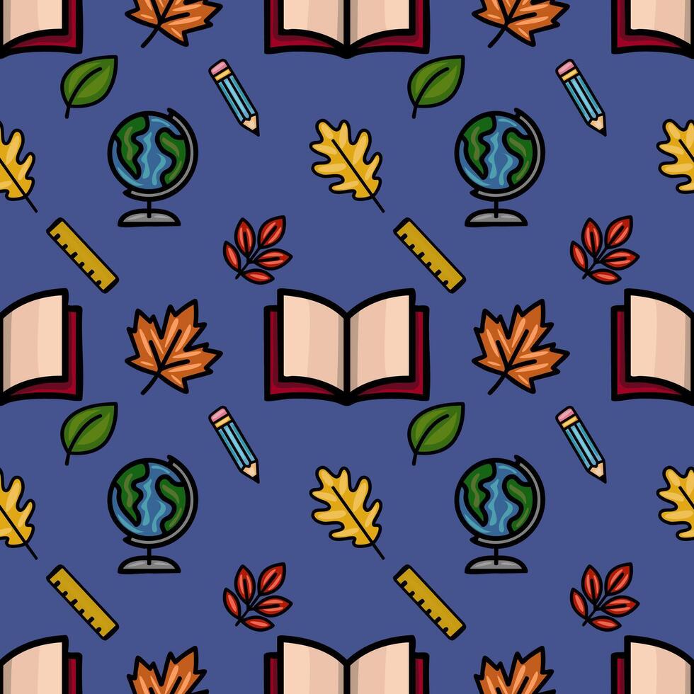 This seamless pattern features a playful back-to-school design with colorful books, pencils, globes, rulers, and autumn leaves on a deep blue background, creating a cheerful and educational. vector