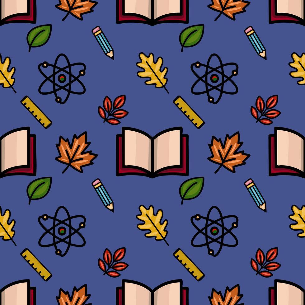 A charming seamless pattern featuring autumn leaves, open books, pencils, rulers, and atom symbols, creating a playful back-to-school design on a deep blue background. vector