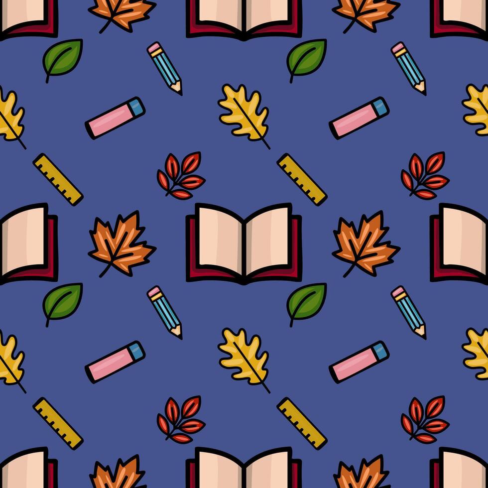 A charming seamless pattern featuring autumn leaves, open books, pencils, and rulers on a deep blue background, ideal for back-to-school or fall-themed designs. vector