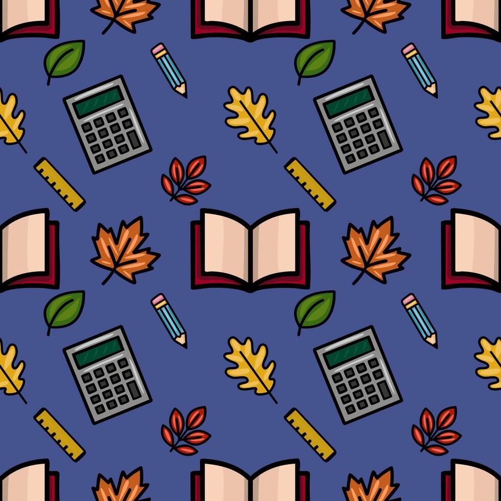 A charming seamless pattern featuring autumn leaves, school supplies like calculators, pencils, rulers, and open books, creating a playful back-to-school design on a deep blue background. vector