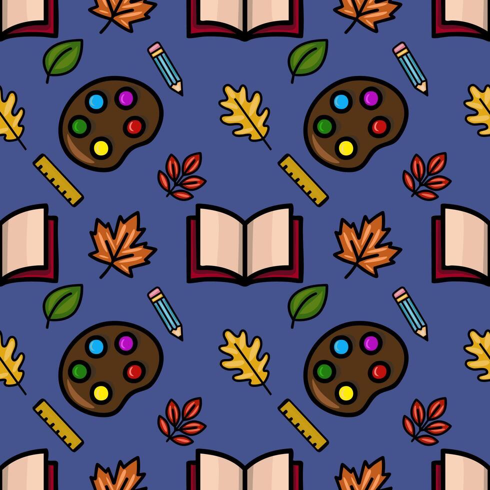 A charming seamless pattern featuring autumn leaves, open books, artist palettes, pencils, and rulers on a deep blue background, perfect for back-to-school designs. vector