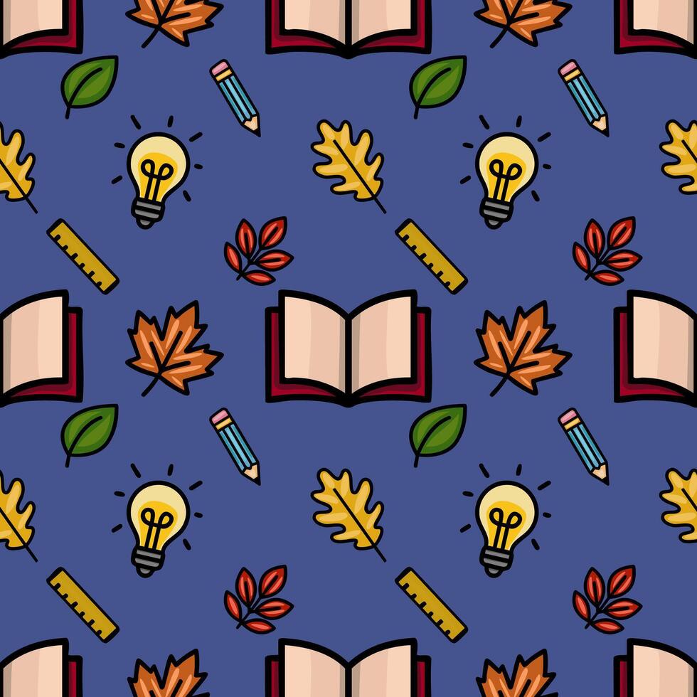 This seamless pattern features a playful autumnal design with open books, pencils, lightbulbs, and colorful leaves on a deep blue background, perfect for educational projects or fall-themed. vector
