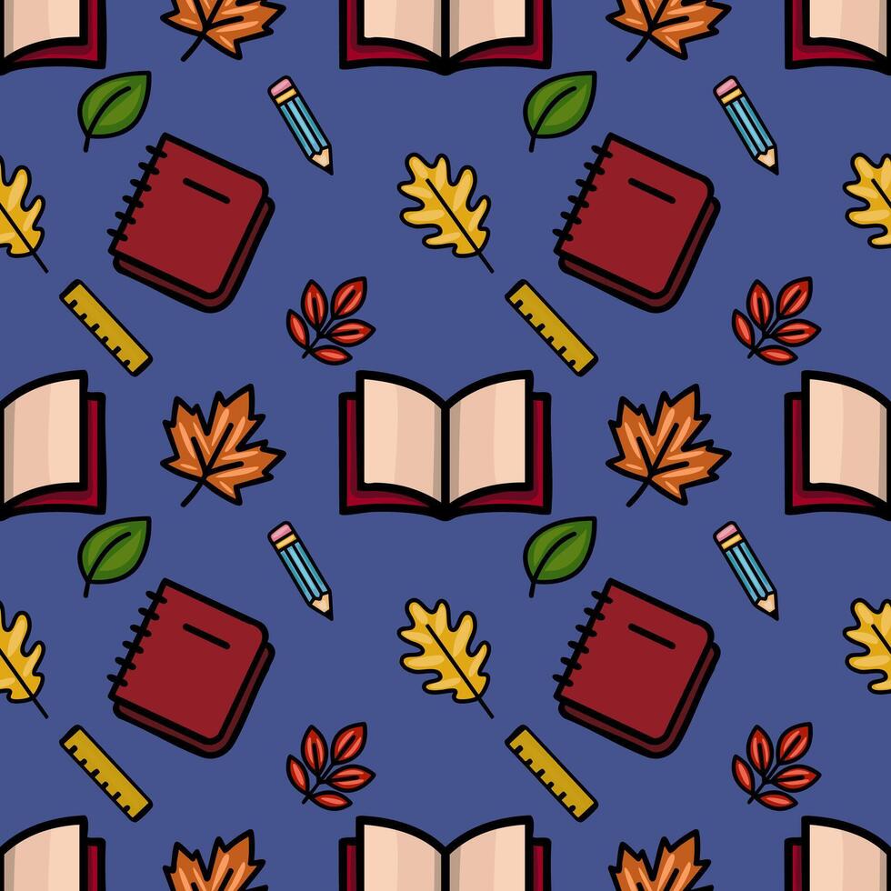 A charming seamless pattern featuring autumn leaves and school supplies, creating a cheerful back-to-school design with a playful, hand-drawn style and a vibrant color palette. vector