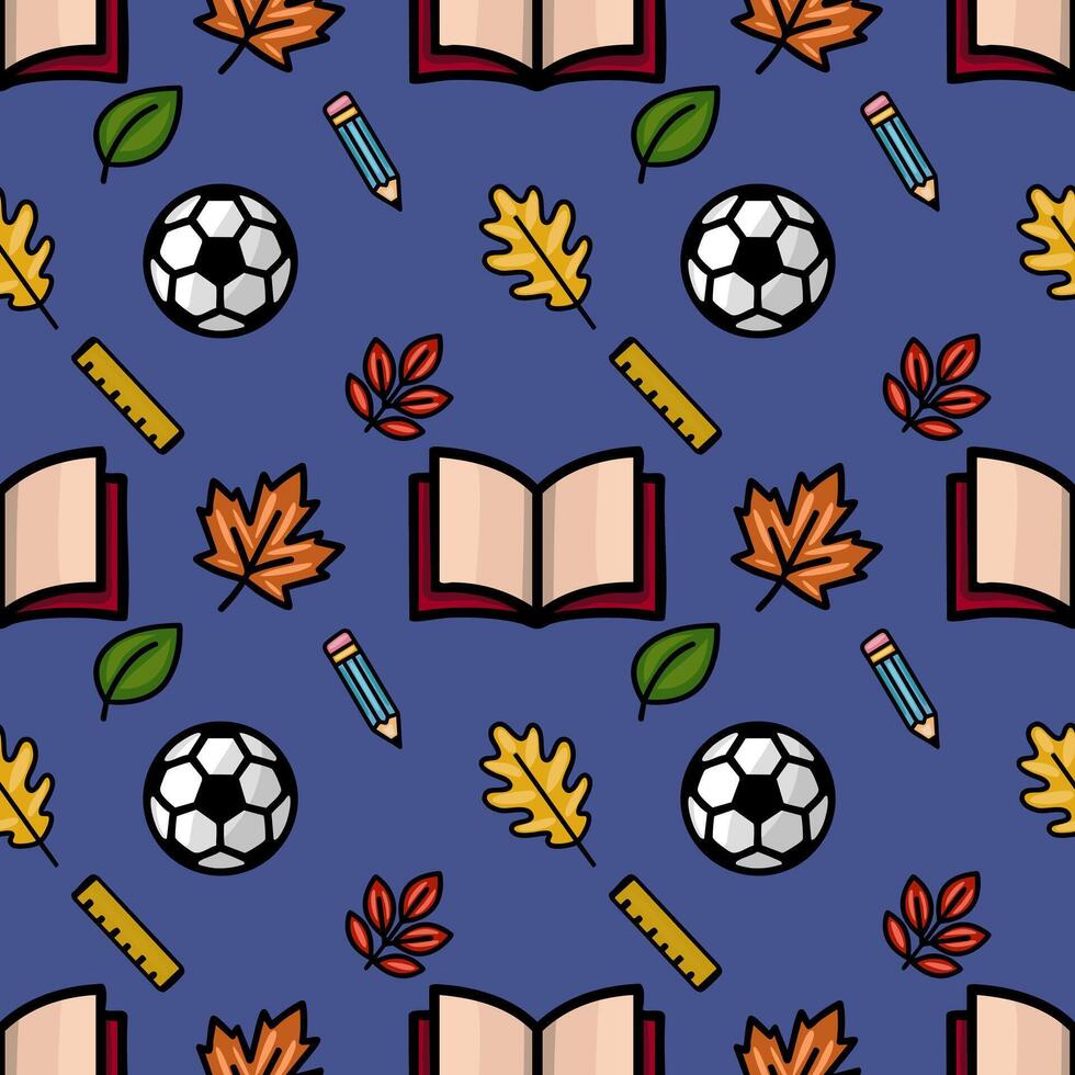 This vibrant seamless pattern features a playful mix of autumn leaves, school supplies like pencils and rulers, and soccer balls, creating a cheerful back-to-school design ideal for various. vector