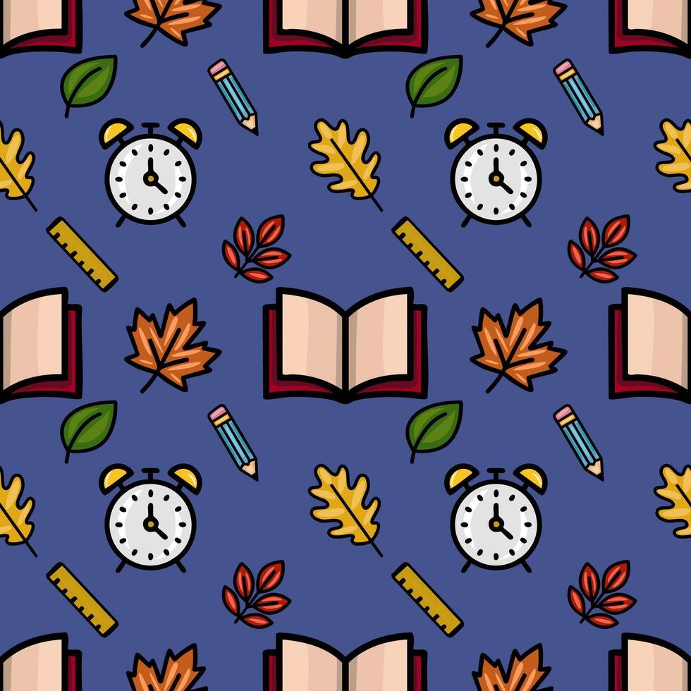 A vibrant seamless pattern featuring a playful mix of autumn leaves, school supplies like alarm clocks, pencils, and rulers, and open books, creating a cheerful back-to-school design. vector