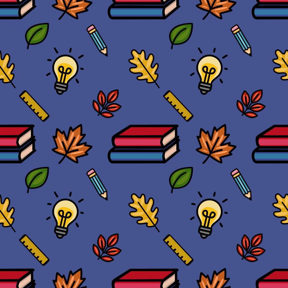 A vibrant seamless pattern featuring a playful mix of autumn leaves, school supplies like pencils and rulers, stacked books, and bright light bulbs, set against a deep blue background vector