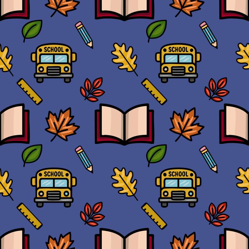 A charming seamless pattern featuring a school bus, open books, autumn leaves, pencils, and rulers, creating a playful back-to-school design on a deep blue background. vector