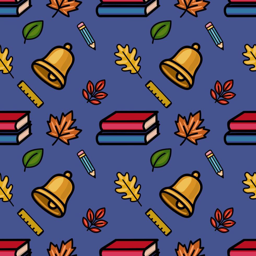 A charming seamless pattern featuring school supplies like bells, books, pencils, and rulers, playfully interspersed with autumn leaves in a vibrant color palette on a deep blue background. vector