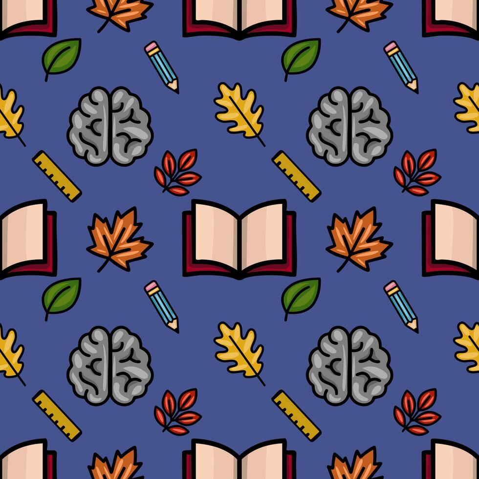 Seamless pattern featuring a playful autumnal design with brains, open books, pencils, rulers, and colorful leaves, perfect for educational or back-to-school projects. vector