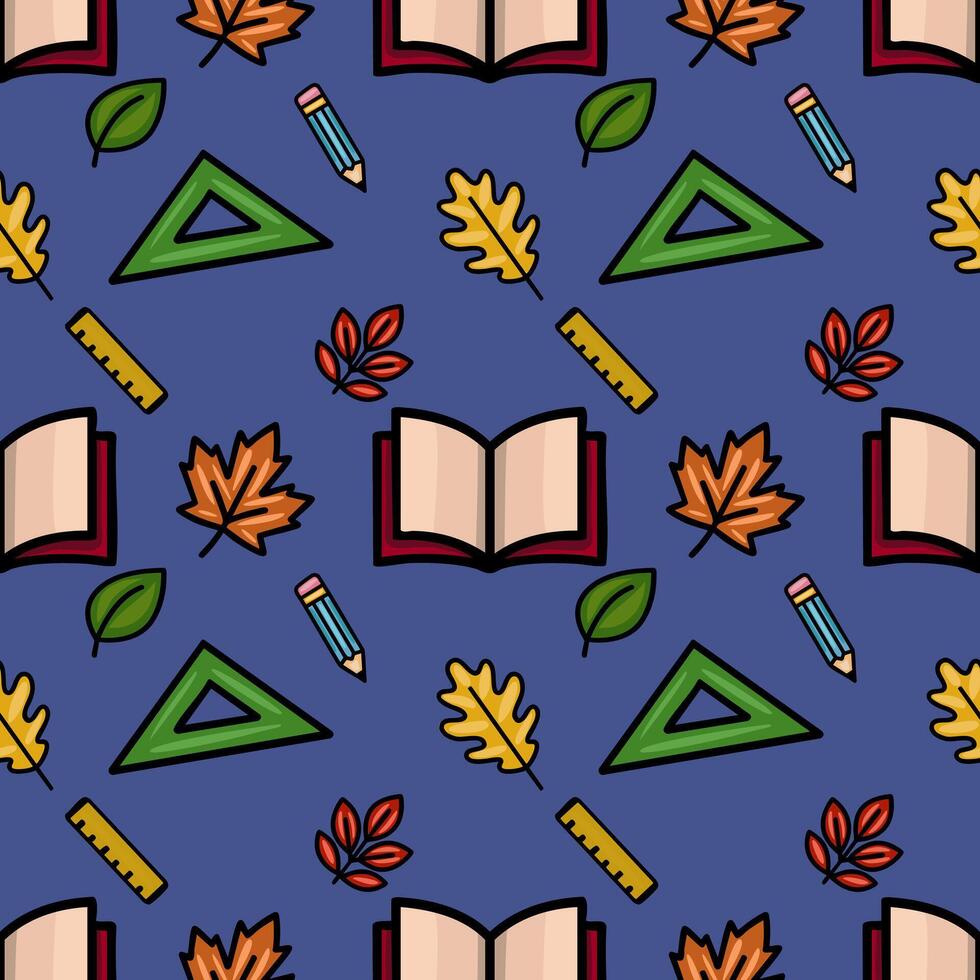 A charming seamless pattern featuring autumn leaves, stationery, and an open book, creating a back-to-school vibe with a playful, hand-drawn style on a deep blue background. vector