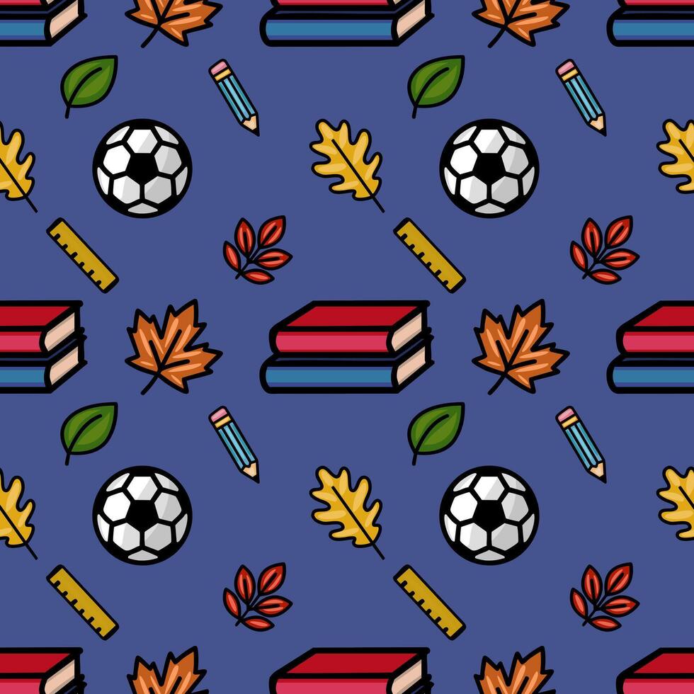 A vibrant seamless pattern featuring a playful mix of school supplies, autumn leaves, and a soccer ball, set against a deep blue backdrop, ideal for back-to-school designs. vector