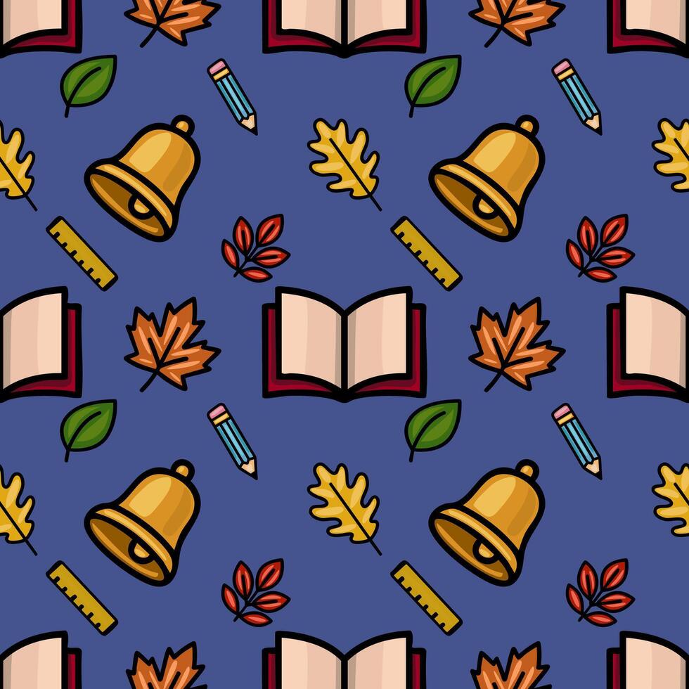A charming seamless pattern featuring school supplies like a bell, pencil, ruler, and open book, playfully interspersed with autumn leaves on a deep blue background, creating a cheerful vector