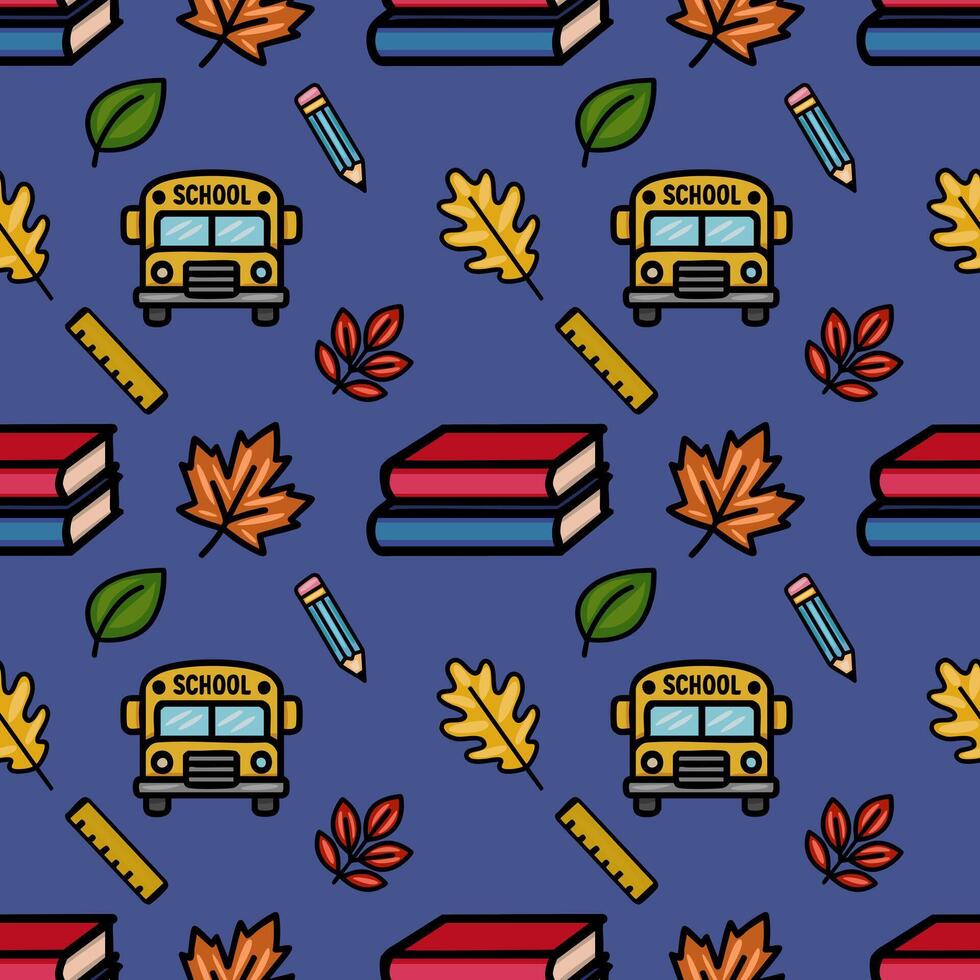 Delightful seamless pattern featuring a school bus, books, pencils, rulers, and autumn leaves on a deep blue background, perfect for back-to-school designs. vector