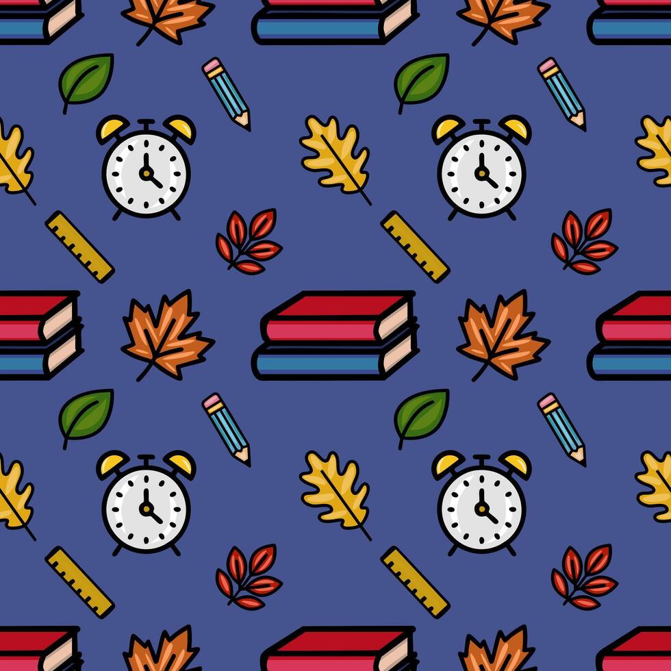 A vibrant seamless pattern featuring a playful mix of autumn leaves, school supplies like books, pencils, rulers, and alarm clocks, set against a deep blue background, creating a cheerful vector