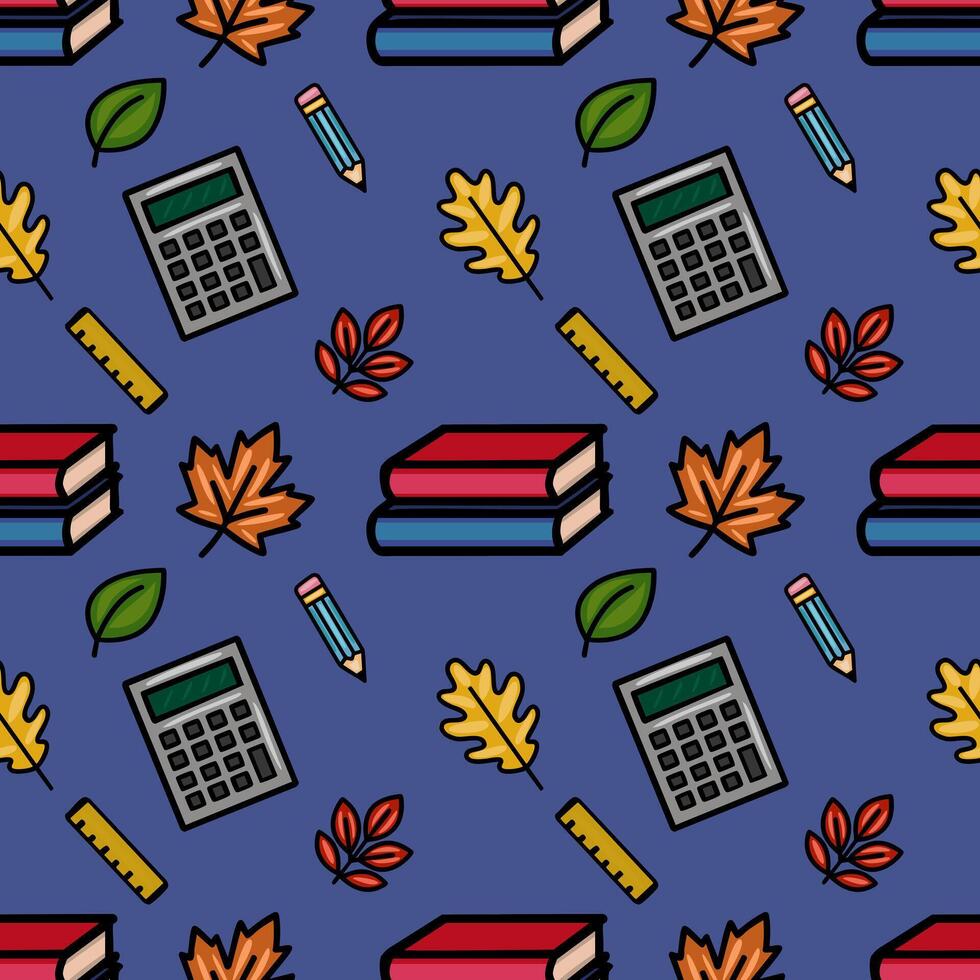 This vibrant seamless pattern features a playful mix of autumn leaves and school supplies, including books, pencils, calculators, and rulers, creating a cheerful back-to-school design vector