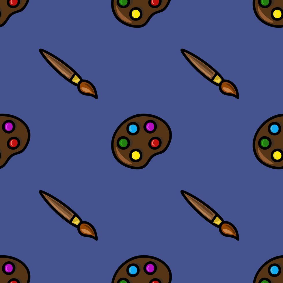 A vibrant seamless pattern featuring a playful arrangement of paintbrushes and palettes with colorful paint drops, set against a sophisticated slate-blue background. vector