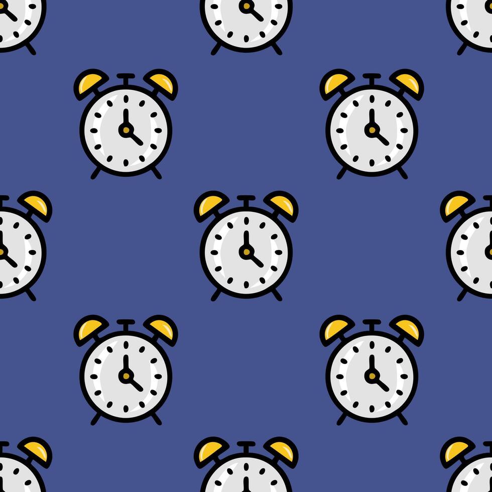 Seamless pattern featuring a playful repeat of simplified alarm clocks with yellow bells against a deep blue background, creating a cheerful and organized design ideal for various applications. vector